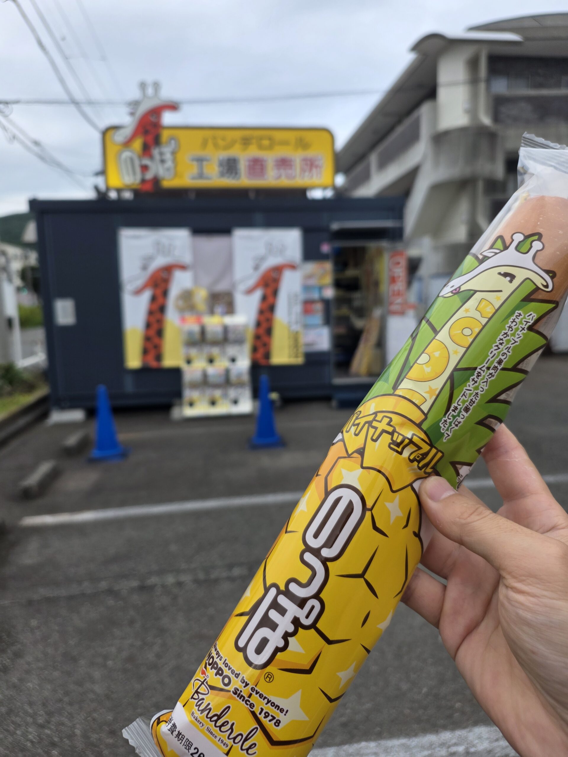 のっぽ工場直売所の看板前でパイナップルのっぽを手に持つ